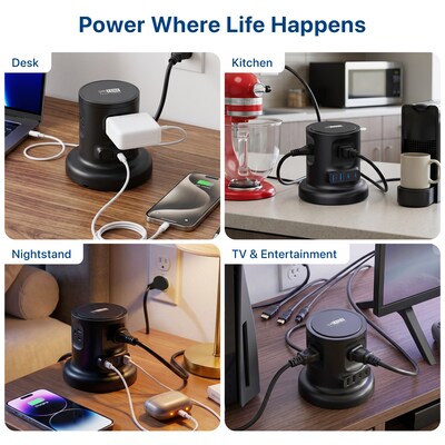 Uncaged Ergonomics Retractable Power Strip with USB-C, 4 AC Outlets, 4 USB Ports and 6ft Retractable Cord, Black (RC-black)