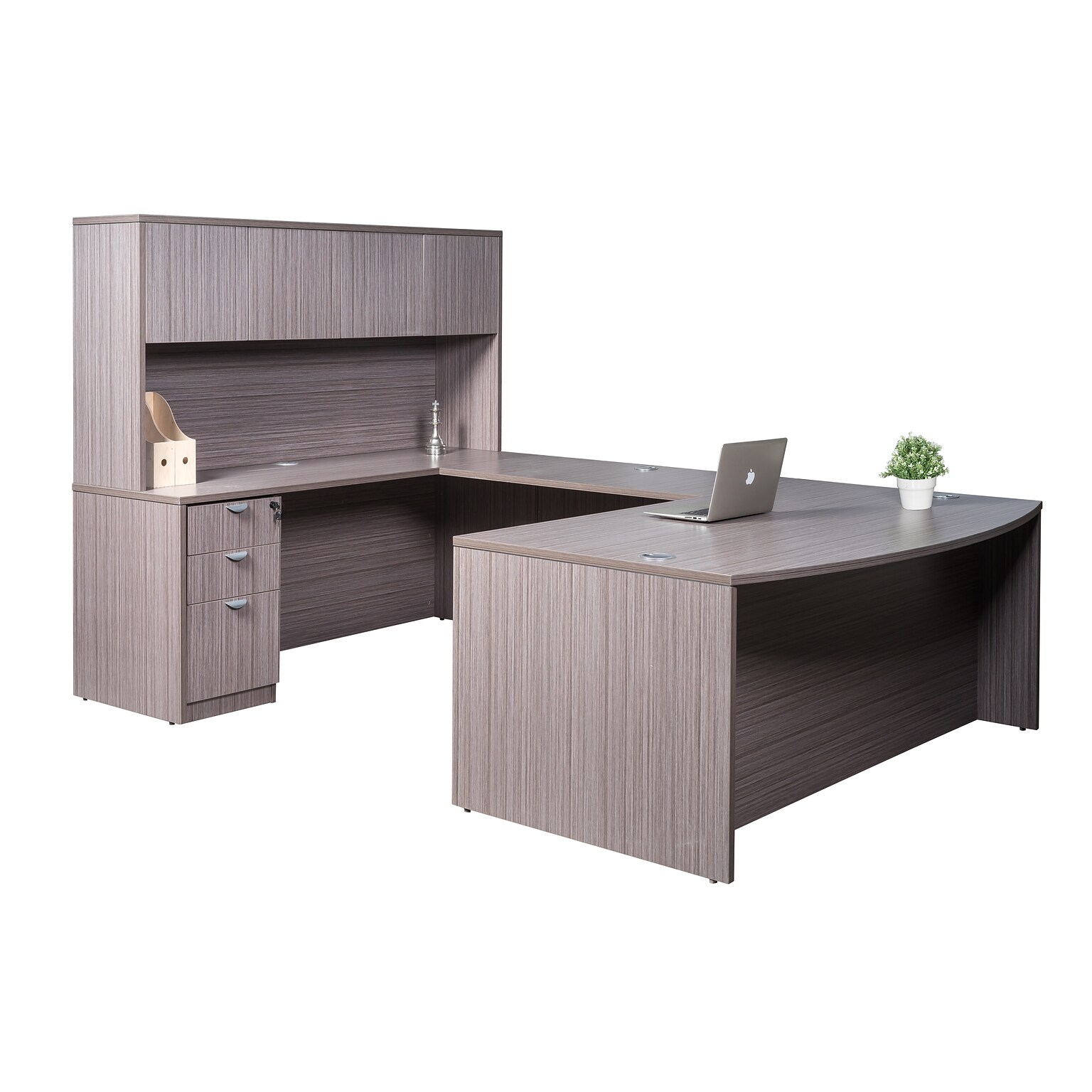Boss Office Products 71 U-Shaped Curved Bow Desk with File Pedestal and Hutch, Driftwood (GROUPAH-DW)