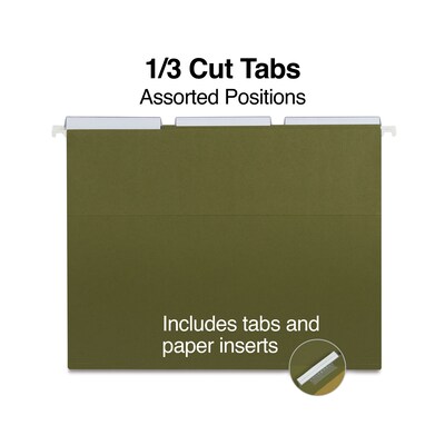 Quill Brand® 100% Recycled 3-Tab Hanging File Folders, Letter Size, Green, 25/Box (7Q5213)