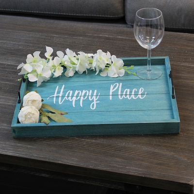 Elegant Designs "Happy Place" Decorative Wood Serving Tray w/ Handles, 15.50" x 12", Blue Wash (HG2000-BHP)