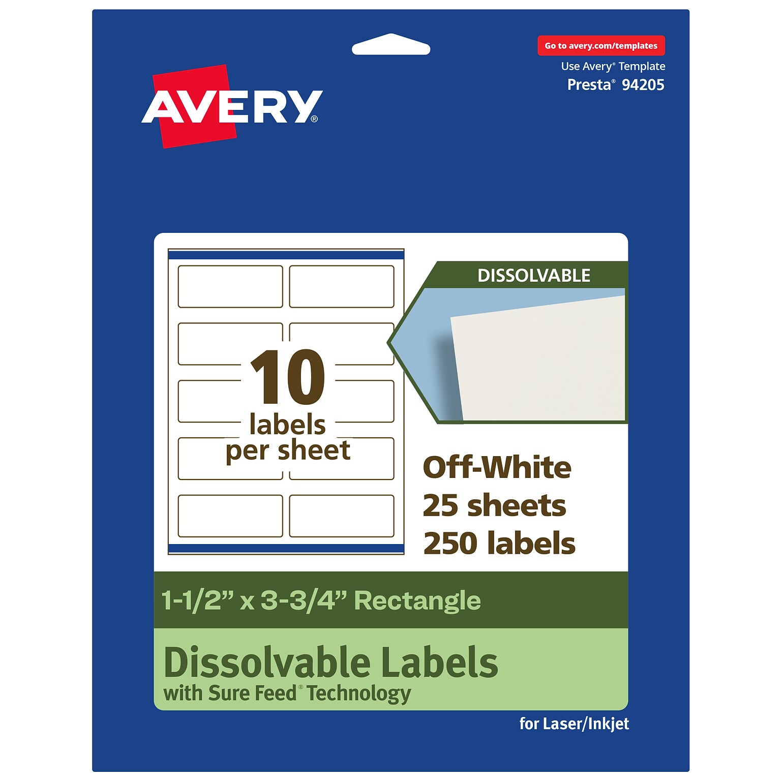 Avery Dissolvable Rectangle Multipurpose Labels, 1.5 x 3.75, Off-white, 250/Pack (94205)