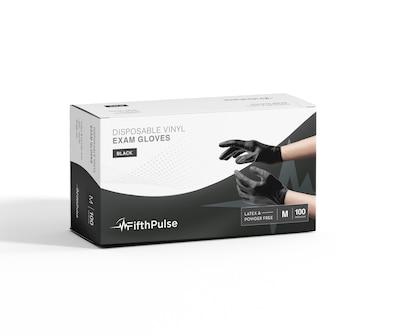 FifthPulse Powder Free Vinyl Exam Gloves, Latex Free, Medium, Black 100/Box (FMN100034)