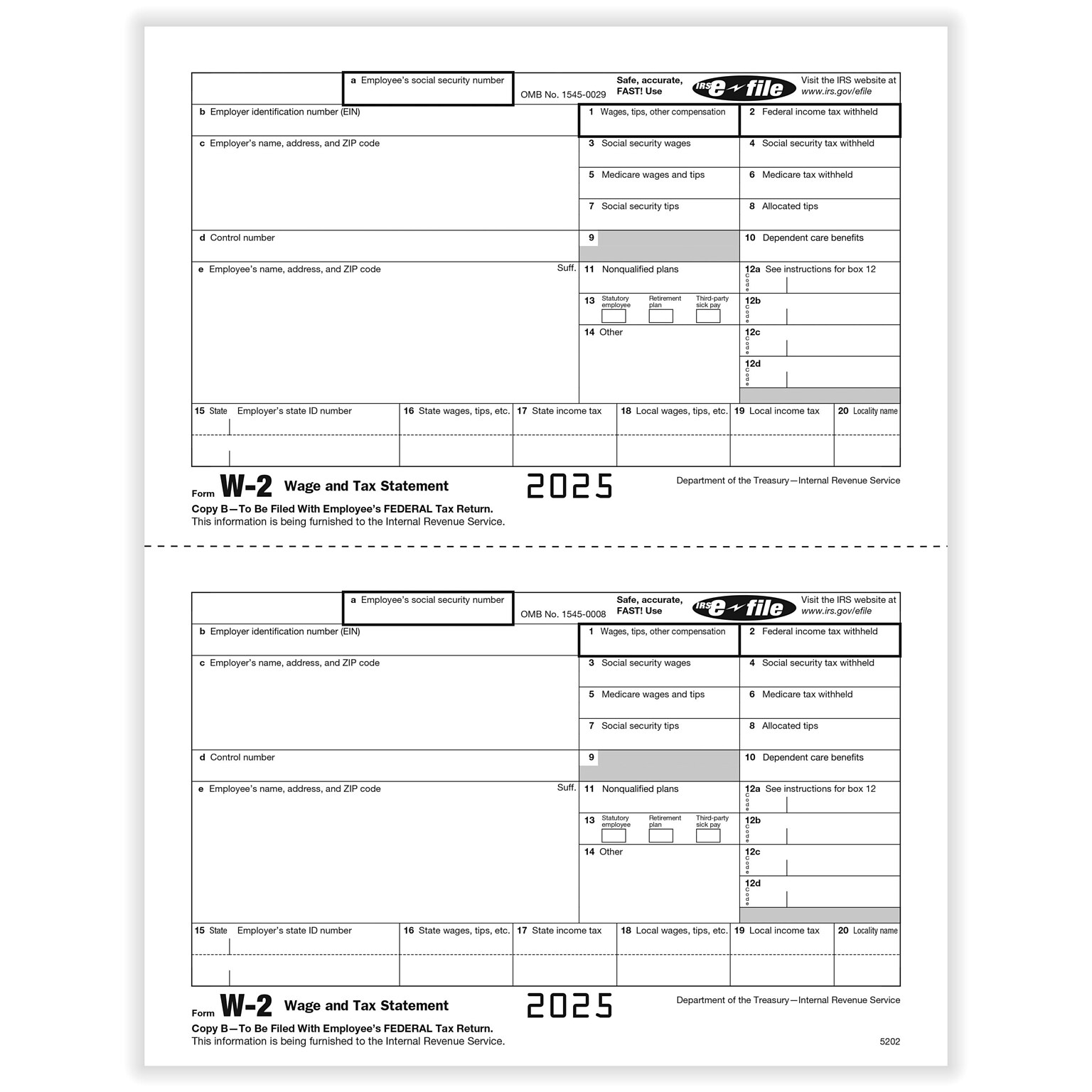 ComplyRight 2025 W-2 Tax Form, 1-Part, 2-Up, Employee Copy B, 50/Pack (520250)