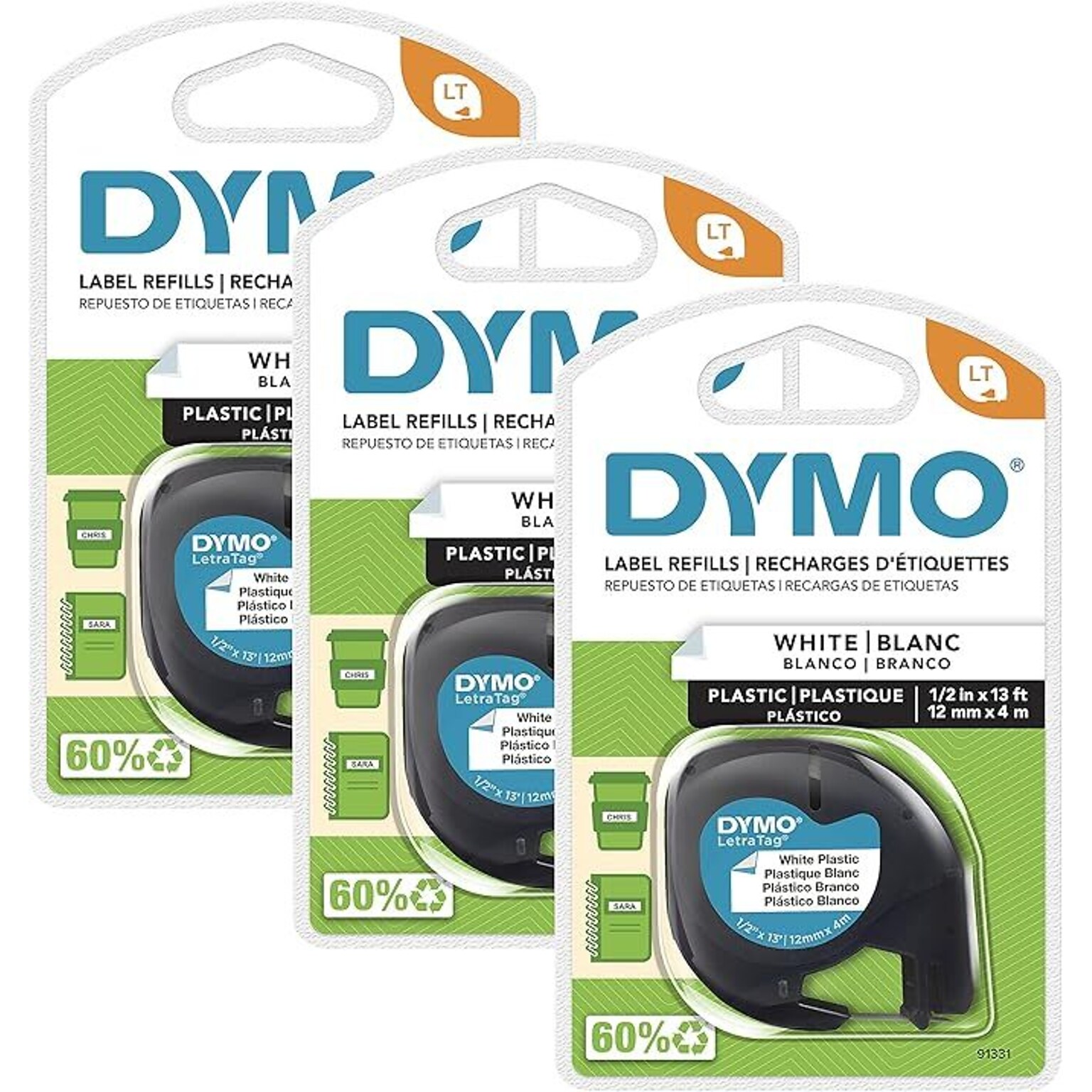 DYMO LT Plastic Labels for LetraTag Label Makers, Black Print on White Labels, 1/2-Inch x 13-Foot Rolls, 3 Count, (2156092)