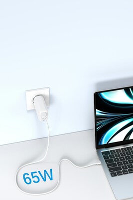 LAX USB PD 65W Wall Charger with 2 USB-C, 1 USB-A and Travel Pouch, White (PD65INT)