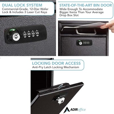 AdirOffice Steel Locking Wall Mounted Drop Box Interoffice Mailbox with Key and Combination Lock , Black (631-04-BLK-KC-PKG)