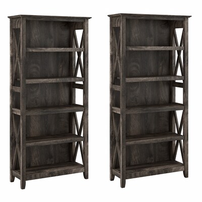 Bush Furniture Key West 66"H 5-Shelf Bookcase with Adjustable Shelves, Dark Gray Hickory Wood, 2/Set (KWS046GH)