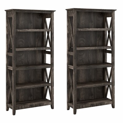 Bush Furniture Key West 66H 5-Shelf Bookcase with Adjustable Shelves, Dark Gray Hickory Wood, 2/Set