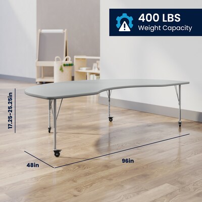 Flash Furniture Wren Kidney Activity Table, 96" x 48", Height Adjustable, Gray Top/Silver Frame (XUA4896KDGYTPC)