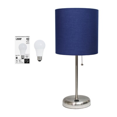 Creekwood Home Oslo 19.5" LED Table Lamp with USB Port, Brushed Steel/Navy Blue Shade (CWT-2012-NV-LB)