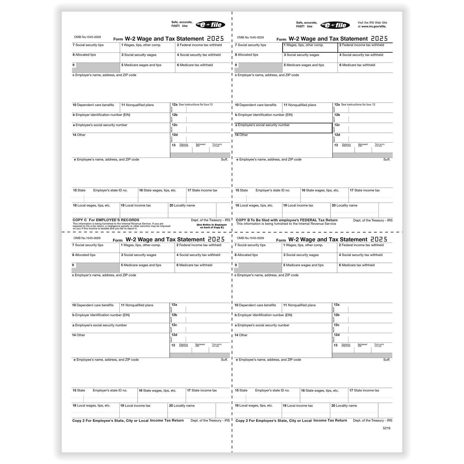 ComplyRight 2025 W-2 Tax Form, 1-Part, 4-Up, 50/Pack (521650)