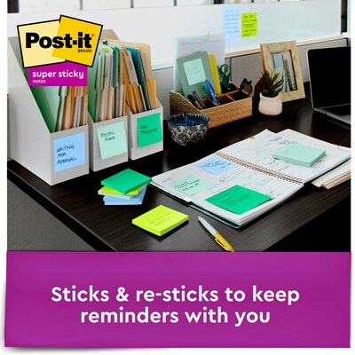 Post-it Recycled Super Sticky Notes, 3" x 3", Oasis Collection, 90 Sheet/Pad, 5 Pads/Pack (654-5SST)