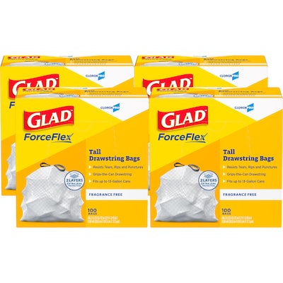 Glad ForceFlex Tall 13 Gallon Drawstring Commercial Trash Bag, Low Density, 0.6 mil, White, 400 Total Bags (78526)
