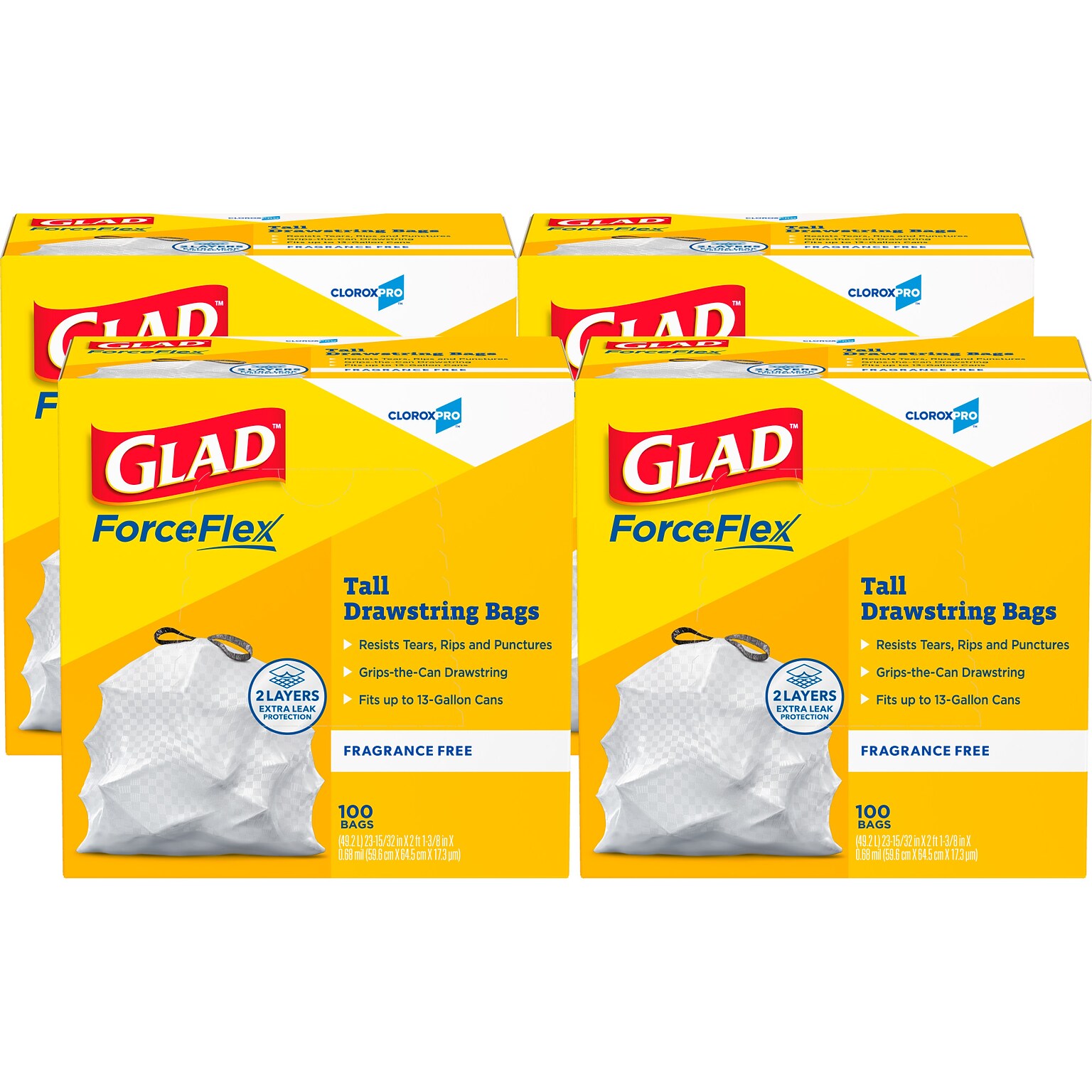 Glad ForceFlex Tall 13 Gallon Drawstring Commercial Trash Bag, Low Density, 0.6 mil, White, 400 Total Bags (78526)