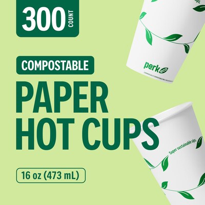 Perk™ Eco Compostable Paper Hot Cup, 16 Oz., White/Green, 300/Carton (PK56221)
