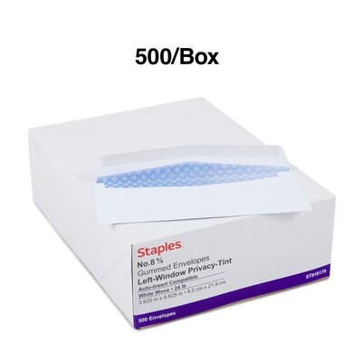 Staples® Left Window Security-Tint Gummed Check-Size #8-5/8 Envelopes, 500/Box