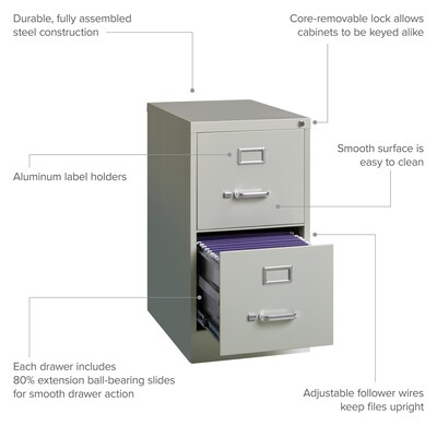 Hirsh Commercial Grade 2-Drawer Vertical File Cabinet, Letter-Width, Light Gray, 22" Deep (20405)
