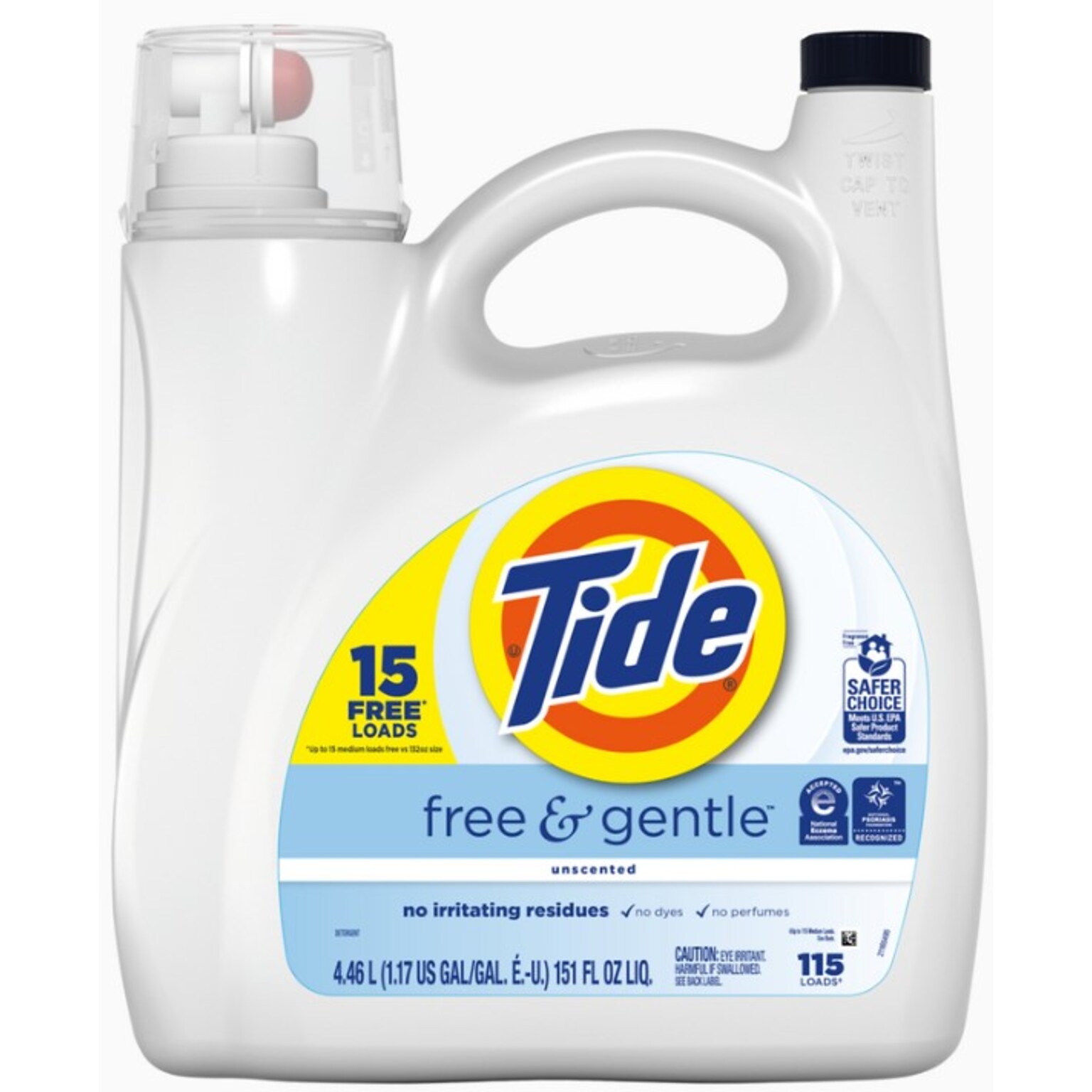Tide Free & Gentle HE Liquid Laundry Detergent, 115 Loads, 151 fl. oz. (12140)