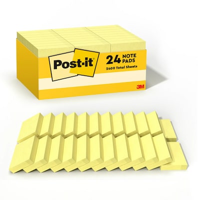 Post-it Notes, 1 3/8 x 1 7/8, Canary Collection, 100 Sheet/Pad, 24 Pads/Pack (65324VADB)