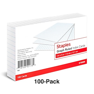 Staples 3" x 5" Index Cards, Graph Ruled, White, 100/Pack (TR50996)