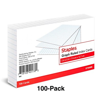 Staples 3" x 5" Index Cards, Graph Ruled, White, 100/Pack (TR50996)