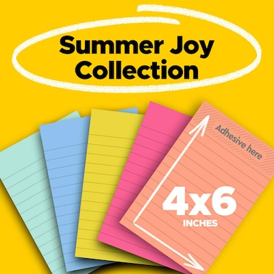 Post-it Super Sticky Notes, 4" x 6", Summer Joy Collection, Lined, 90 Sheet/Pad, 5 Pads/Pack (660-5SSJOY)