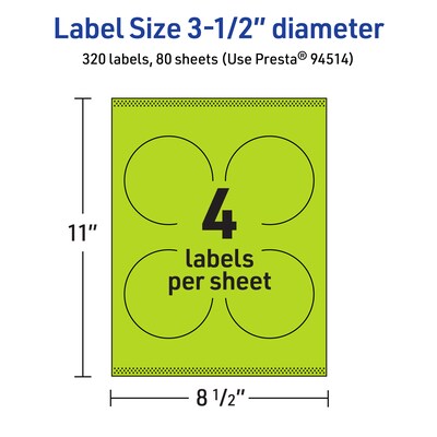 Avery Laser/Inkjet Multipurpose Circle Labels, 3.5" Dia., Bright Green, 320/Box (94514)