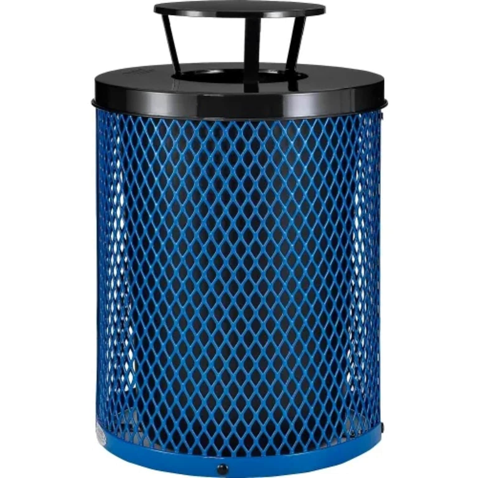Global Industrial Outdoor Diamond Steel Trash Can w/ Rain Bonnet Lid, 36 Gallon, Blue (261926BL)