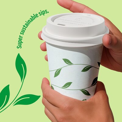 Perk Eco Compostable Plastic Hot Cup Lids, 50 Count Disposable Coffee Cup Lids for 10–16 Oz Paper Hot Cups, White