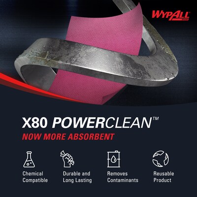 WypAll PowerClean X80 Cloth Cleaning Wipers, 16.8" x 12.5", Red, 455 Sheets/Roll (41055)