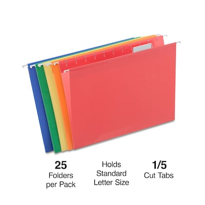 Staples Reinforced Hanging File Folders, 1/5-Cut Tab, Letter Size, Assorted Colors, 25/Box (ST18654-CC)