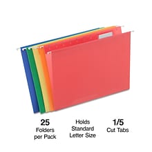 Staples Reinforced Hanging File Folders, 5-Tab, Letter Size, Blue/Green/Red/Orange/Yellow, 25/Box (T