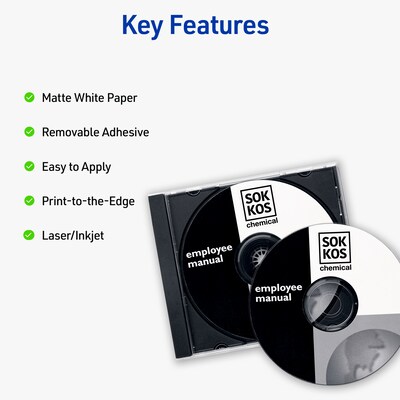 Avery Printable CD Labels, Removable, Laser/Inkjet, Matte White, 50 CD Labels & 100 Spine Labels/Pack (5931)
