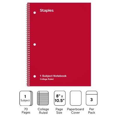 Staples 1-Subject Notebooks, 8 x 10.5, College Ruled, 70 Sheets, Assorted Colors, 3/Pack (ST58375C