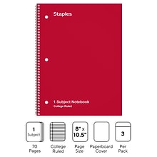 Staples 1-Subject Notebook, 8 x 10.5, College Ruled, 70 Sheets, Assorted Colors, 3/Pack (ST58375)