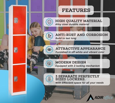 AdirOffice 72'' 3-Tier Red Storage Locker, 2/Pack (629-203-RED-2PK)
