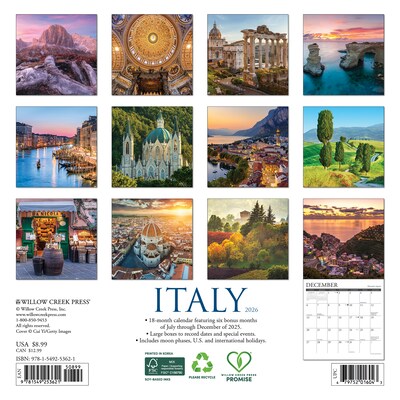 2026 Willow Creek Italy 7 x 7 Monthly Wall Calendar (53621X)