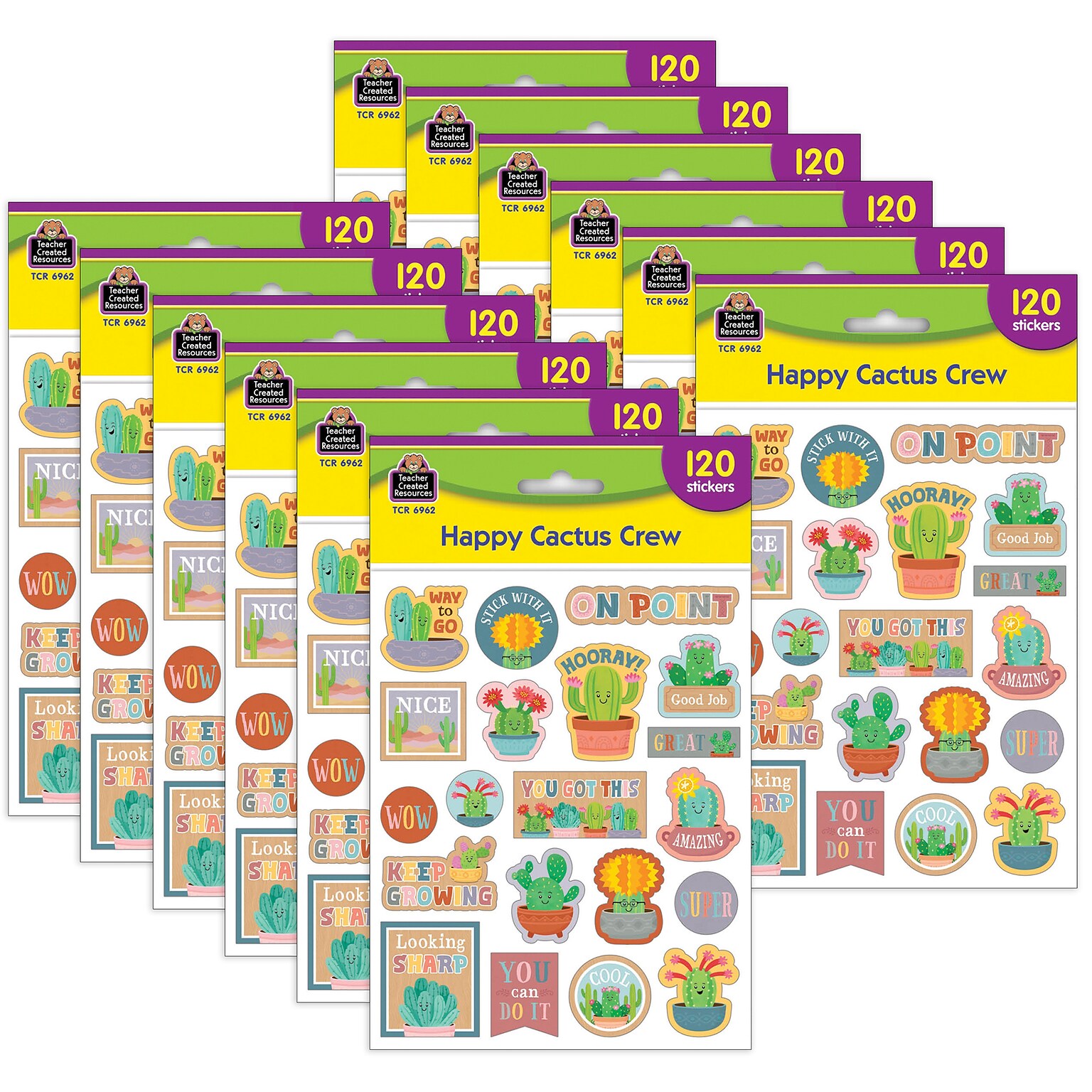 Teacher Created Resources Happy Cactus Crew Stickers, Multicolored, 120/Pack, 12/Packs/Bundle (TCR6962-12)