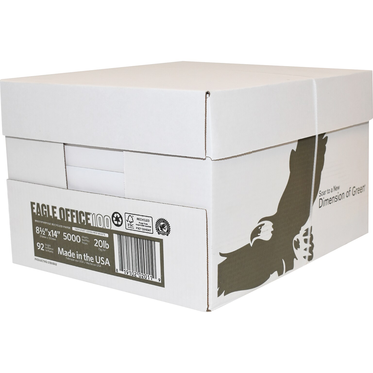 American Eagle 100% Recycled 8.5 x 14 Multipurpose Paper, 20 lbs., 92 Brightness, 500/Ream, 5 Reams/Carton (31550502CT)