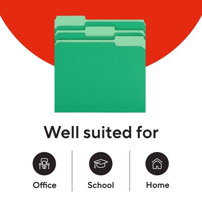 Staples File Folders, Letter Size, 1/3-Cut Tabs, Assorted Positions, Green, Durable Paper Stock, 100/Pack