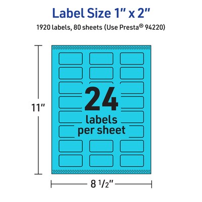 Avery Laser/Inkjet Multipurpose Rectangle Labels, 1" x 2", Bright Blue, 1920/Box (94220)