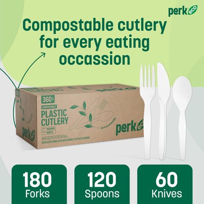 Perk™ Eco Compostable PLA Assorted Cutlery, Medium-Weight, White, 360/Pack (PK56205)