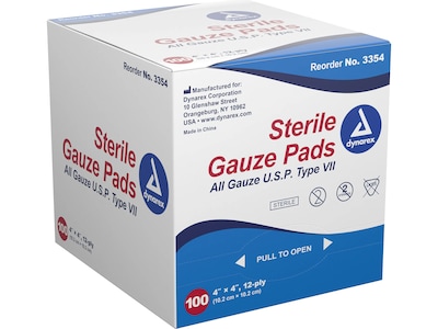 Dynarex 4 Sterile 12-Ply Gauze Pad, 100/Pack, 12 Packs/Carton (3354)