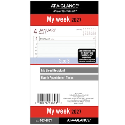 2027 AT-A-GLANCE 6.75 x 3.75 Weekly Planner Refill, White/Gray (063-285Y-27)
