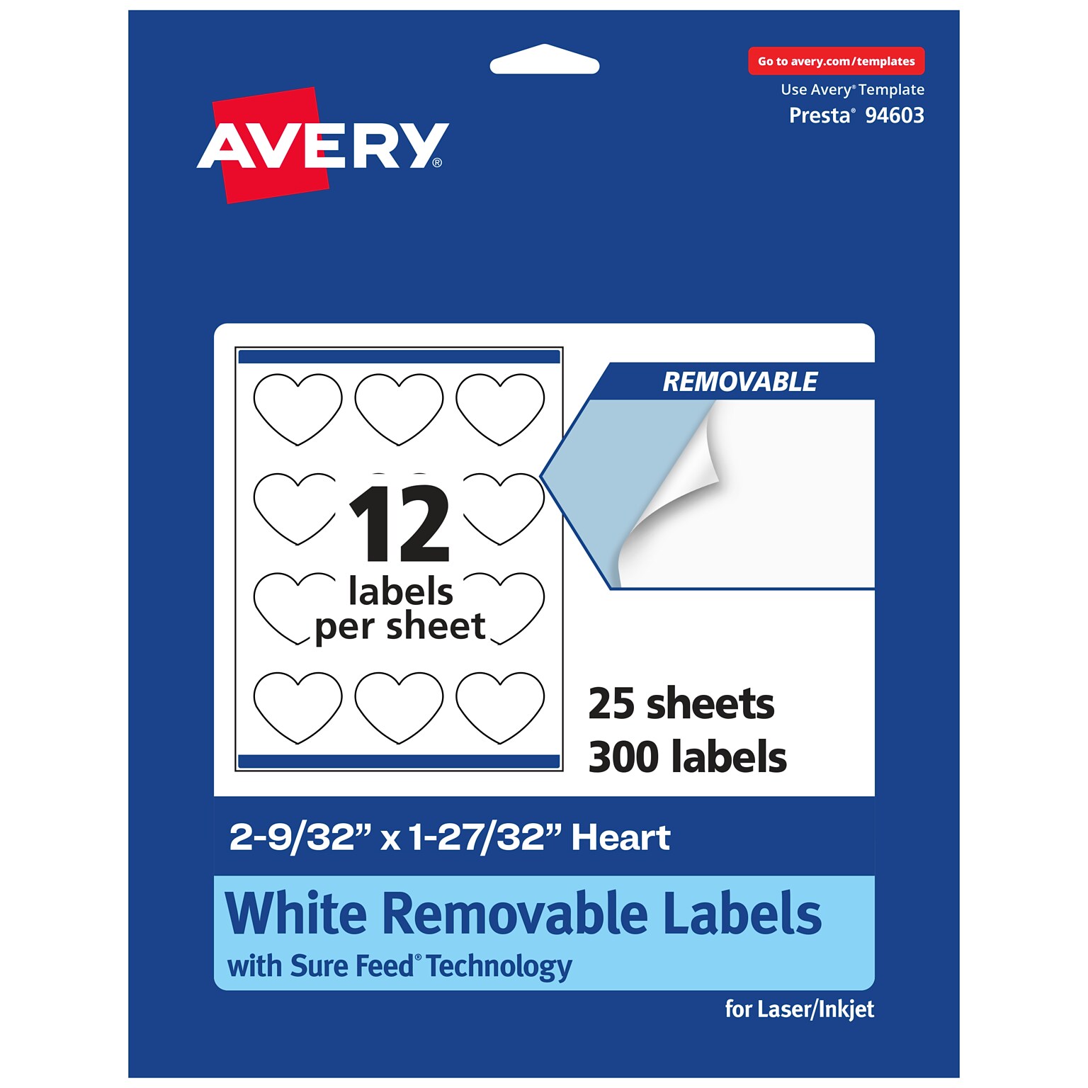 Avery Heart Shaped Laser/Inkjet Multipurpose Labels, 2-9/32 x 1-27/32, White, 300 Labels/Pack (94603)