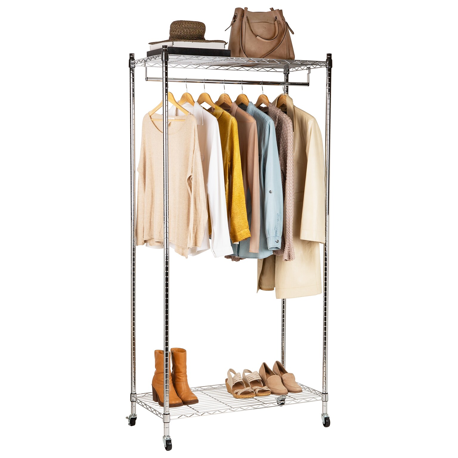 Mind Reader Metal Heavy Duty Rolling Garment Rack with Adjustable Bar, 73.75 x 17.75 x 35.5, Silver (ROLLRACK-SIL)
