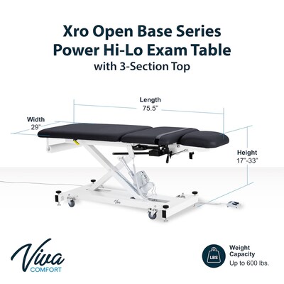Viva Comfort XRO Electric Height and Back Adjustable Exam Table with Stirrups, 600 lbs Capacity, Black,(ADI903-22-BLK-MK)