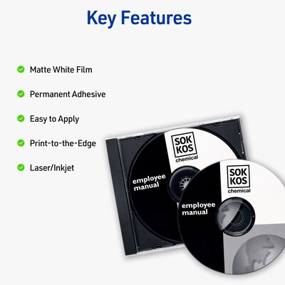 Avery Inkjet Film DVD Labels, Matte White, 2 Labels/Sheet, 10 Sheets/Pack, 20 Labels/Pack (8962)