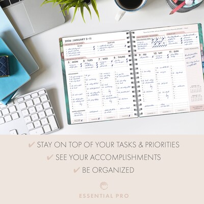 2026 Global Printed Products Essential Pro 7" x 9" Weekly & Monthly Planner, Paperboard Cover, Teal Gold Marble (ESPROCY267954)