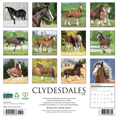 2026 Willow Creek Clydesdales 12 x 12 Monthly Wall Calendar (55373)